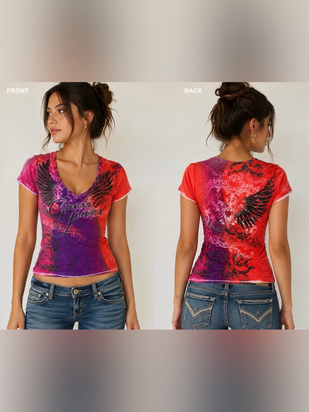 Y2K Guess Jeans Graphic V Neck T Shirt Med Pink Purple Red Ombre rhinestone